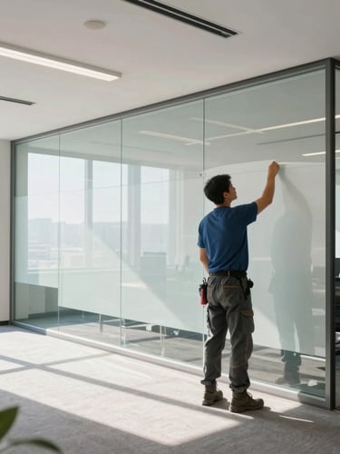 Wide environmental shot of a professional installer precisely applying a large-format laminated vinyl graphic onto a glass boardroom wall in a modern sunlit office, 35mm lens