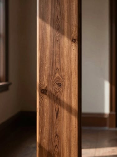 A portrait crop of a slim walnut wood trunk positioned in a sunlit brownstone hallway, soft afternoon window light casting gentle shadows, showing rich natural wood grain.