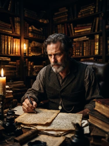 Dramatic chiaroscuro portrait of author Noah Rufes in his study, warm candlelight illuminating his face, ancient manuscripts and leather-bound books in the dark background, gold and crimson tones, 35mm lens