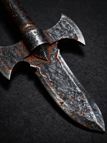 Macro photography of a weathered fantasy axe blade with deep battle scars, realistic rust wash, dark studio lighting, high contrast