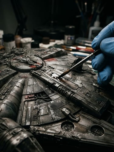 Macro photography of hands applying a dark wash to a highly detailed sci-fi model, dark dramatic product photography, high-contrast studio lighting, deep shadows, sharp textures, 35mm