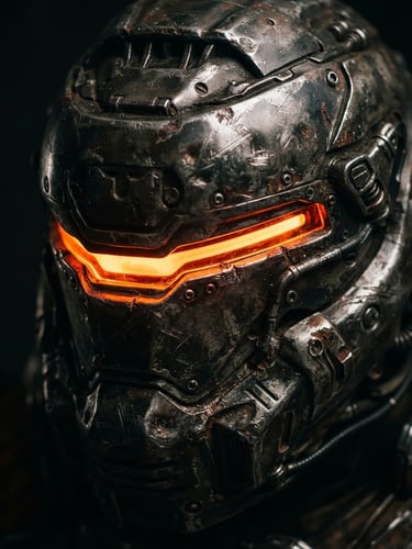 Extreme close-up of a full-scale weathered sci-fi helmet, metallic battle scars, neon orange glowing visor, dramatic dark studio lighting, high-contrast, 35mm