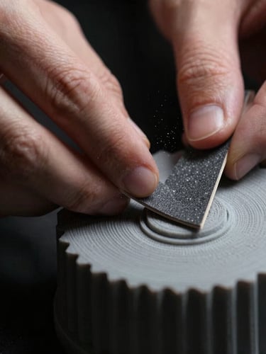 Extreme close-up of hands using fine sandpaper on a gray 3D printed model, macro lens, dramatic side-lighting, dust particles visible, dark background