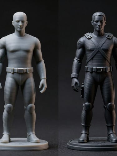 Side-by-side comparison of a raw grey FDM printed figure and a fully finished hand-painted model, dark dramatic product photography, high-contrast studio lighting, deep shadows, macro lens, sharp textures, 35mm