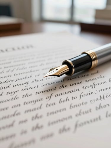 Macro close-up of a fountain pen resting on a pristine legal document with elegant Spanish calligraphy, soft side-lighting from a high-end office window, shallow depth of field.