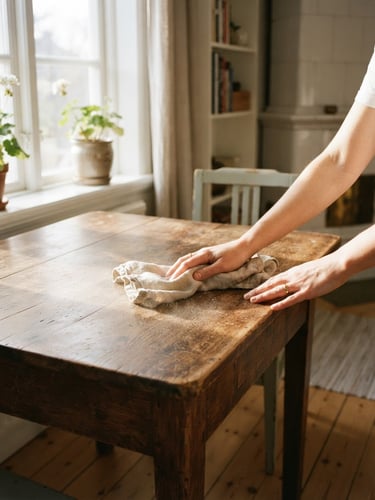 Hands dusting an antique wooden table with a soft cloth, warm window light, cozy Swedish home interior, 35mm photography