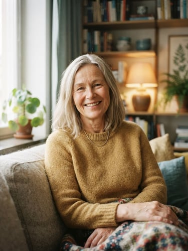 A warm, close-up portrait of a friendly middle-aged Swedish woman smiling in a cozy domestic living room, soft natural window light, rich gentle tones, 35mm