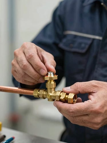 Close-up of a professional gas engineer in a dark blue uniform carefully installing a copper pipe connection with a brass pressure valve.