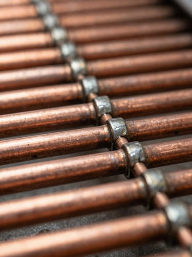 Close-up of neatly aligned copper pipework with clean solder joints under focused daylight, technical precision.