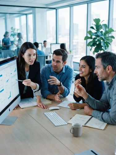 Modern editorial photography of professionals collaborating around a screen in a bright, daylight-filled workspace, cool blue tones, sharp focus, 35mm