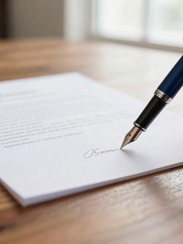 Close-up of a fountain pen signing a crisp document on a professional wooden table, clean editorial photography, soft natural window light, deep navy tones, shallow depth of field, 35mm