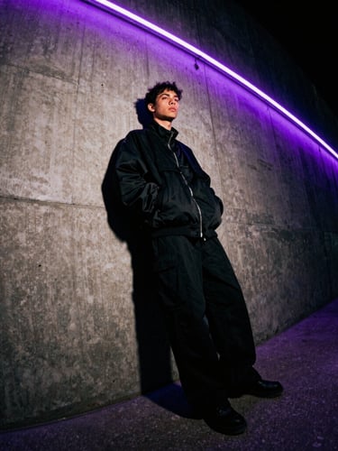 Wide-angle dynamic shot of a model wearing an oversized black streetwear jacket, leaning against a concrete wall under flickering purple neon lights, gritty film grain.