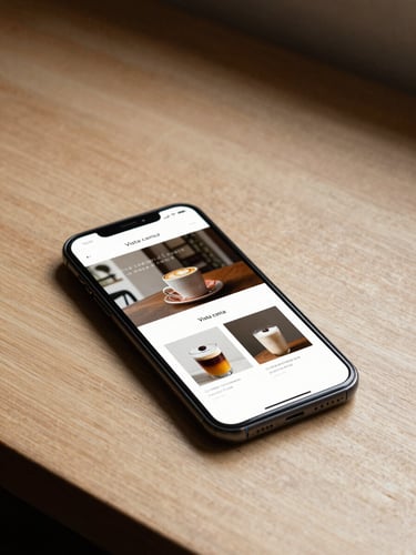 Vista cenital de un teléfono móvil sobre una mesa de madera clara, mostrando el diseño limpio y profesional de la página web de una cafetería local de la CDMX, iluminación natural.