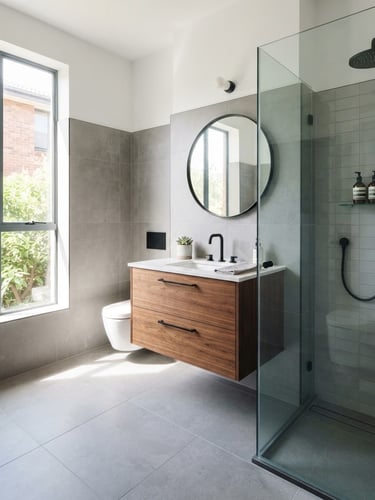 Bright, modern bathroom remodel with large format grey tiles, a floating vanity, and a frameless glass shower, bathed in natural window light. Sharp focus on clean lines and polished surfaces. Architectural photography, 35mm.