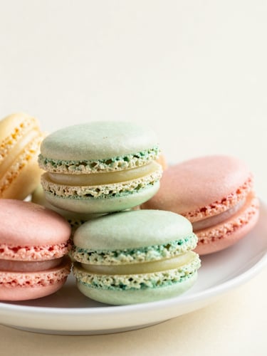 Close-up macro shot of colorful pastel macarons stacked neatly on a clean white ceramic plate, soft natural daylight, shallow depth of field, cream background.