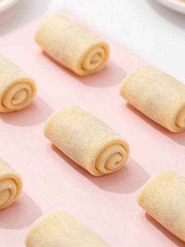Overhead macro shot of hand-rolled pastries on a clean pastel pink surface, soft natural morning light, shallow depth of field