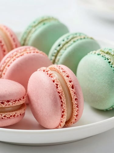 Close-up macro shot of delicate hand-rolled pastel macarons in blush pink and mint green, arranged neatly on a clean white ceramic platter under soft natural daylight.