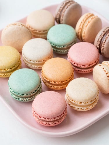 Overhead flat-lay of colorful French macarons and delicate pastries arranged on a soft pink platter, bright natural daylight, pastel tones, clean white background, shallow depth of field