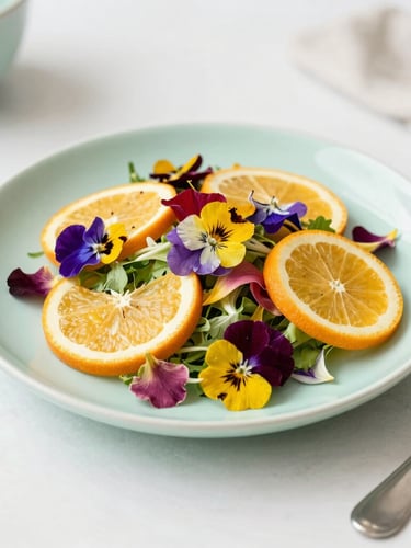 A vibrant seasonal salad with edible flower petals and citrus slices, styled on a light mint green plate, soft side daylight, bright cozy aesthetic