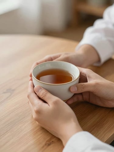 Close-up of a therapist's hands holding a warm ceramic cup of tea on a wooden table, soft natural light, shallow depth of field, warm editorial photography