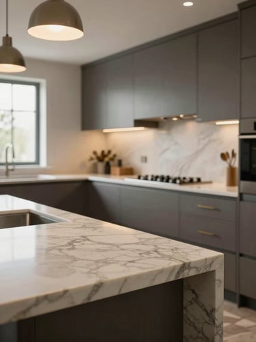 Close-up environmental detail of a luxury kitchen, wide-angle framing from a corner showing full cabinetry run, thick marble countertop edge in foreground, pendant lighting casting warm pools above an island, natural window light as primary source from the left, no people, high material detail on cabinet hardware and stone veining