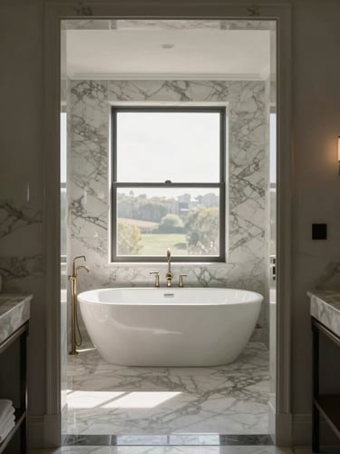 Wide environmental shot of a finished luxury master bathroom, natural window light streaming across a freestanding soaking tub, white marble walls and dark matte fixtures visible in full room framing, no people, soft overcast daylight fill, shot from the doorway threshold showing the full depth of the space