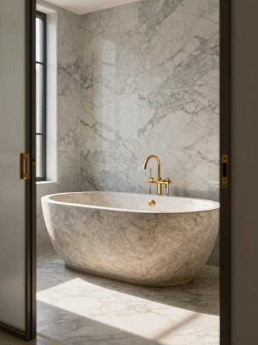 Close-up environmental frame of a luxury bathroom interior, camera angled from the doorway revealing a freestanding stone soaking tub positioned against a wall of large-format marble tile, natural window light from the left casting a long soft shadow across the floor, brushed-gold fixtures in sharp detail, no people, rich texture across the full frame
