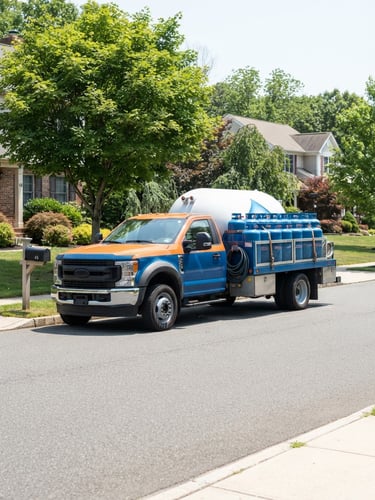 Professional AmeriGas delivery truck on a suburban street, clean blue AmeriGas tanks visible, bright midday sunlight, sharp focus.