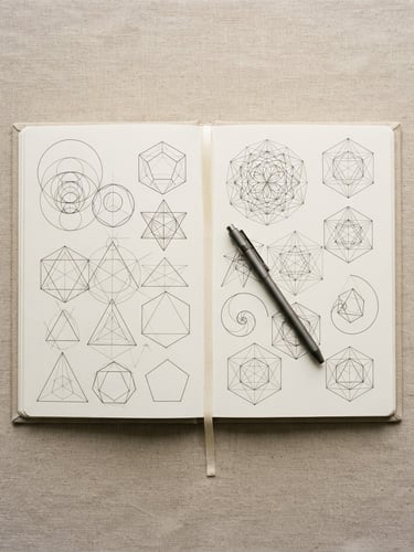 Overhead flat-lay of an open linen notebook with clean, hand-drawn geometric diagrams, a sleek pen resting on the page, soft natural morning light, beige tones.