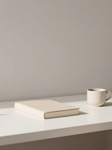 Minimalist modern home office desk, clean lines, a single closed book in light beige, a small ceramic cup, soft daylight casting long shadows.