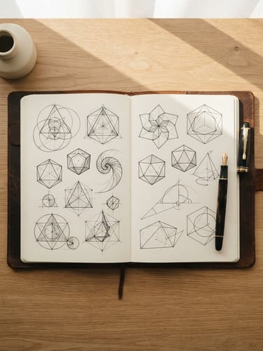 Overhead flat-lay of an open leather-bound notebook with clean geometric diagrams, a classic fountain pen, soft morning light casting long shadows on a warm beige desk