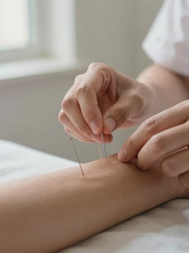 Close-up, editorial photograph of acupuncture needles placed with clinical precision on a patient's forearm. Natural daylight illuminates the scene, highlighting the therapist's focused hands. Muted earthy tones, shallow depth of field.