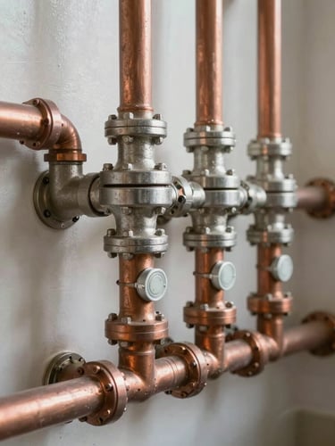 Close-up of a pristine residential water manifold with copper pipes perfectly aligned, bright daylight reflecting on polished metal, clean architectural execution.