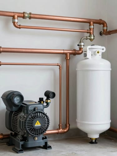 Immaculate residential utility room with high-pressure hydro-pneumatic pumps and water softeners, copper pipes perfectly aligned, bright clean lighting.