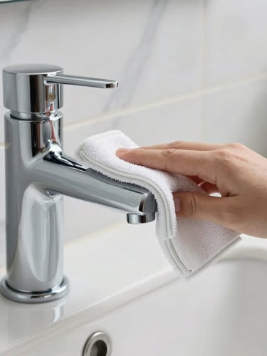 Close-up of a high-end chrome bathroom fixture being carefully polished with a microfiber cloth, pristine marble tile in the background, bright natural daylight.