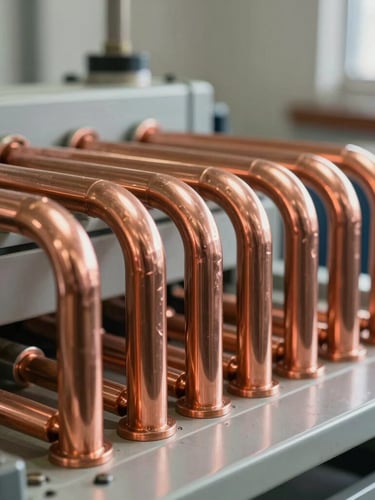 Primer plano técnico de tuberías de cobre perfectamente alineadas y brillantes en un cuarto de máquinas residencial impecable, iluminación natural nítida, enfoque preciso.