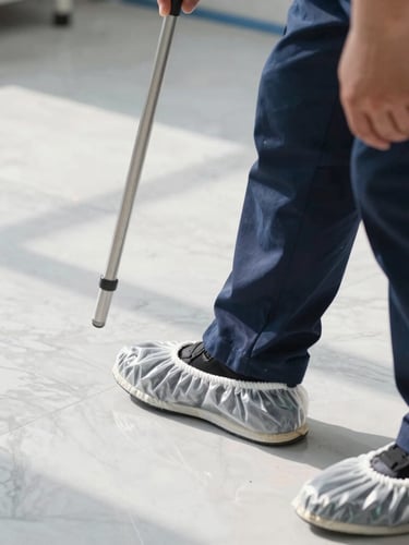 Close-up of a professional technician in a clean navy uniform wearing protective shoe covers while stepping onto a pristine marble floor, bright natural daylight.