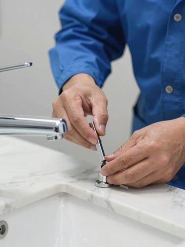 Close-up of a professional technician wearing a clean blue uniform installing a luxury polished chrome faucet on a pristine white marble countertop, bright natural daylight, sharp focus on the precise tool alignment.