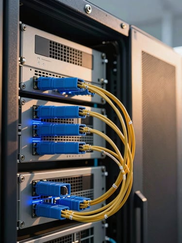 Close-up of technical IT server installations with glowing blue and gold fiber optic cables, clean and modern Saudi enterprise environment, sharp architectural focus