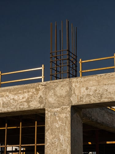 Medium-close shot focusing on precise structural concrete details and steel reinforcement on a commercial site, deep navy sky, golden sunlight, sharp focus.