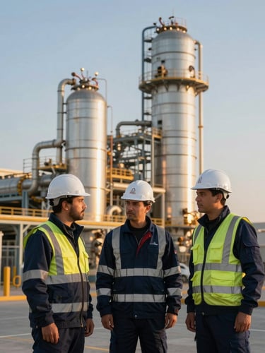 Professional Saudi field engineers in high-visibility safety jackets and white hard hats inspecting a modern industrial site under warm golden hour sunlight, architectural scale, premium photography