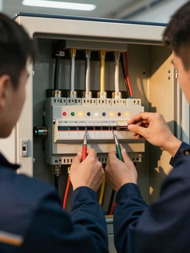 Close-up of a technical maintenance team repairing a central electrical panel inside a modern facility, glowing indicator lights, sharp focus, professional tools