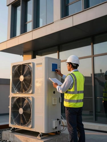A professional Saudi engineer in a high-visibility vest and white hardhat inspecting a modern building's HVAC plant, crisp golden hour lighting, architectural perspective