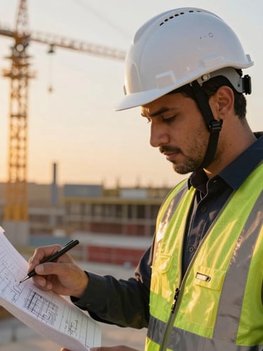 Close-up of a Saudi civil engineer wearing a white hardhat and high-visibility safety vest with gold accents, inspecting technical blueprints on a construction site at sunset
