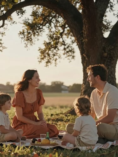 A warm family picnic under an oak tree at golden hour, parents laughing with their two young children, soft natural light, cinematic depth of field.