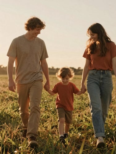 A candid environmental portrait of a family walking hand-in-hand through a sun-drenched grassy field at golden hour, warm backlit atmosphere, nostalgic 35mm film aesthetic.