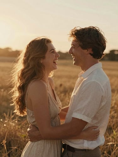 A candid medium shot of a young couple laughing and embracing in a sun-drenched golden-hour field, warm backlit film style, soft terracotta tones, shallow depth of field, 35mm
