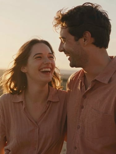 A warm, sun-drenched medium shot of a couple laughing naturally, backlit by golden hour sunlight, soft terracotta tones, cinematic depth of field, 35mm film style.