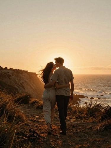A couple walking along a windy coastal cliff at sunset, warm golden-hour light backlighting their silhouettes, authentic embrace, film grain.