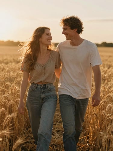 Candid portrait of a laughing couple walking through a sun-drenched golden wheat field, warm backlit lighting, soft flare, cinematic 35mm film style.